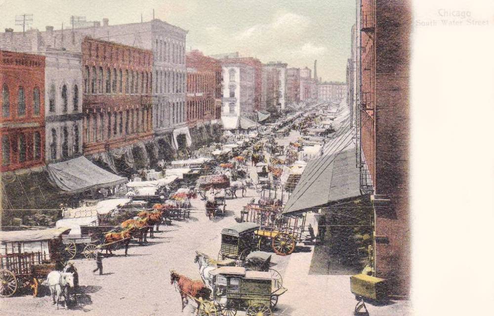 POSTCARD - CHICAGO - SOUTH WATER STREET - AERIAL - LOOKING W FROM STATE - TINTED - 1905