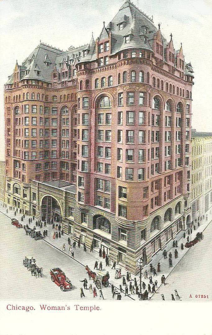 POSTCARD - CHICAGO - WOMAN'S TEMPLE - LASALLE AND MONROE -  AERIAL - WOMEN'S CHRISTIAN TEMPERANCE UNION - TINTED - 1908