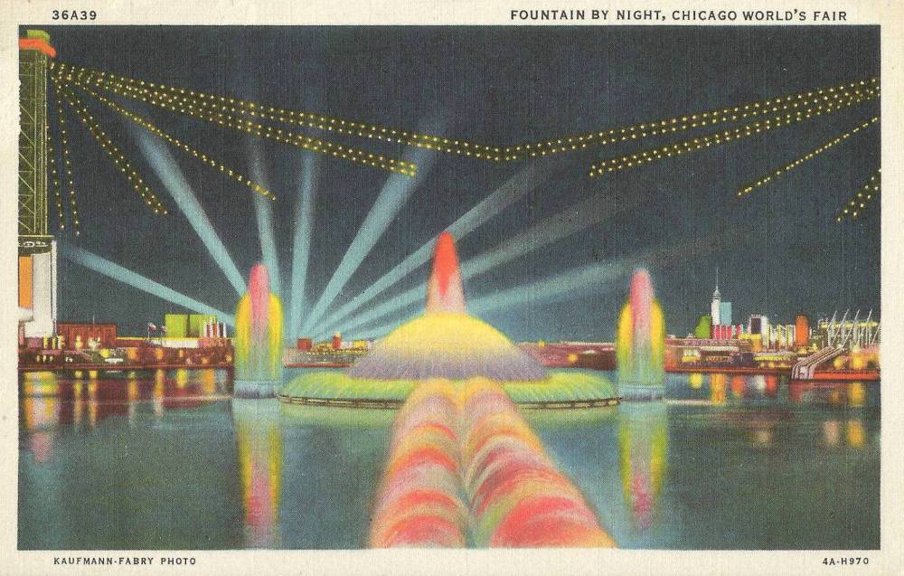 POSTCARD - CHICAGO - CENTURY OF PROGRESS WORLD'S FAIR - FOUNTAIN BY NIGHT - TINTED - 1933