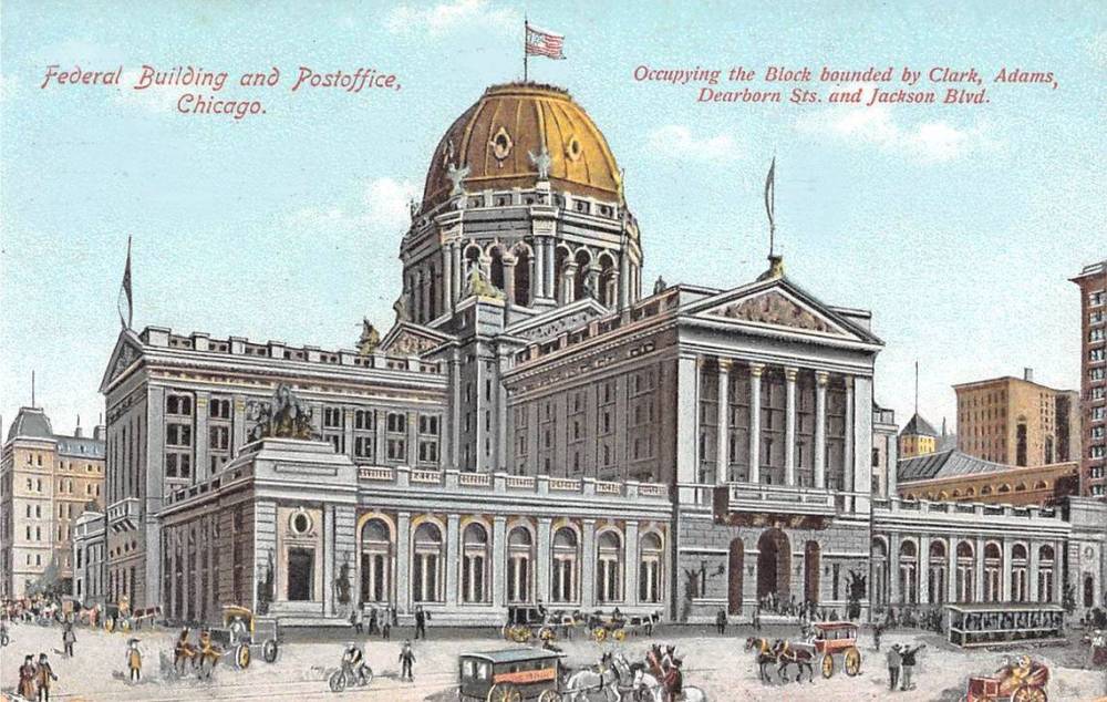 POSTCARD - CHICAGO - FEDERAL BUILDING AND POST OFFICE - CLARK ADAMS DEARBORN AND JACKSON - WAGONS AND PEDESTRIANS DRAWI IN  - TINTED - c1910