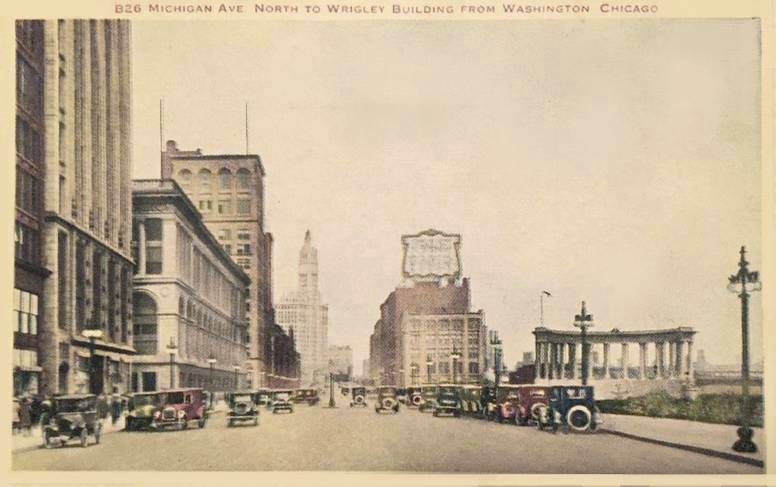 POSTCARD - CHICAGO - MICHIGAN AVE - LOOKING N FROM WASHINGTON - PANORAMA - TINTED - 1920s