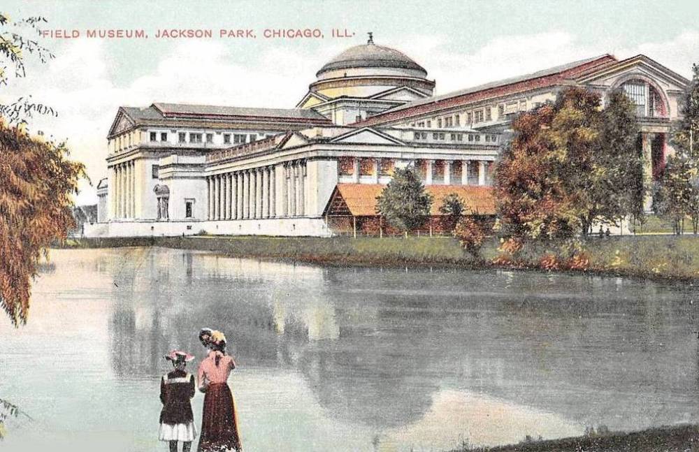 postcard-chicago-museum-of-science-and-industry-then-called-field-museum-woman-and-girl-standing-by-lagoon-in-rear-tinted-nice-version-c1910