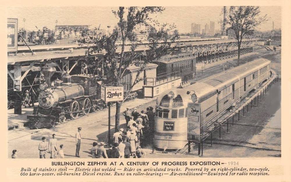 POSTCARD - CHICAGO - BURLINGTON ZEPHYR STREAMLINER - ALONGSIDE VINTAGE STEAM TRAIN - AERIAL - WORLD'S FAIR 1933-34 - NICE VERSION