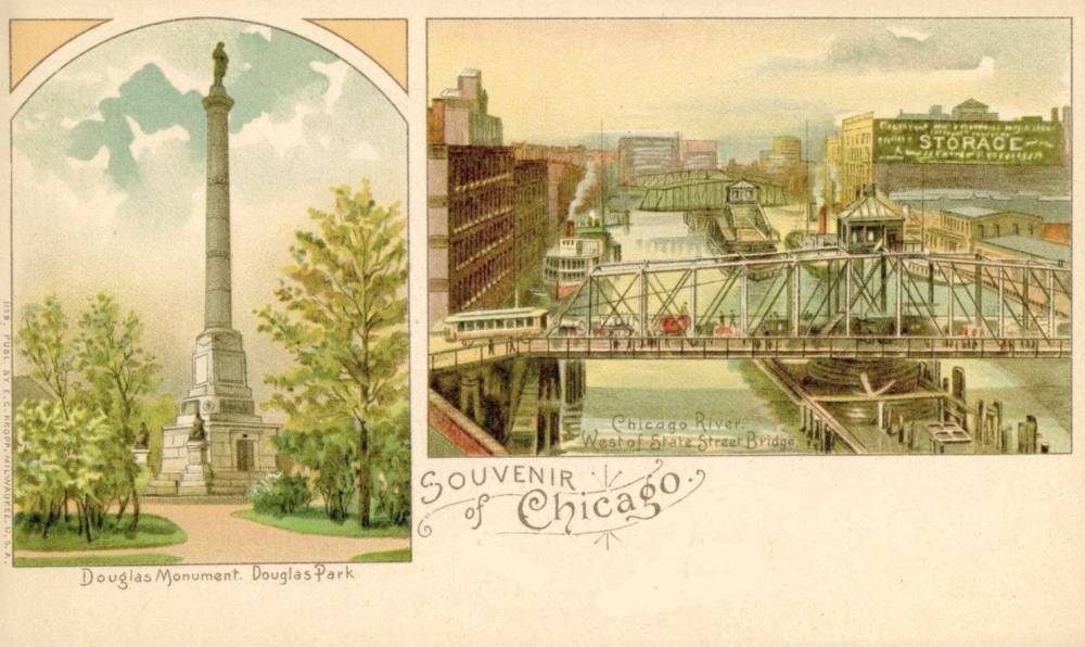 POSTCARD - CHICAGO - DOUGLAS MONUMENT - CHICAGO RIVER W OF STATE STREET BRIDGE - DRAWINGS - TINTED - c1905