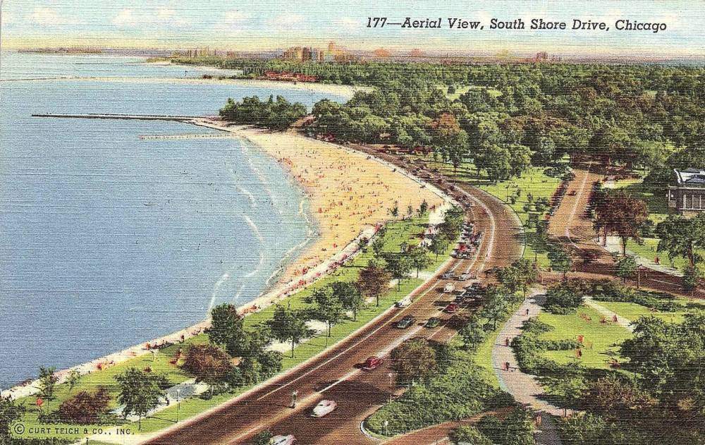 A POSTCARD - CHICAGO - BEACH - SOUTH SHORE DRIVE AND 56TH - AERIAL LOOKING S TOWARDS OTHER BEACHES - TINTED - NICE VERSION - 1942