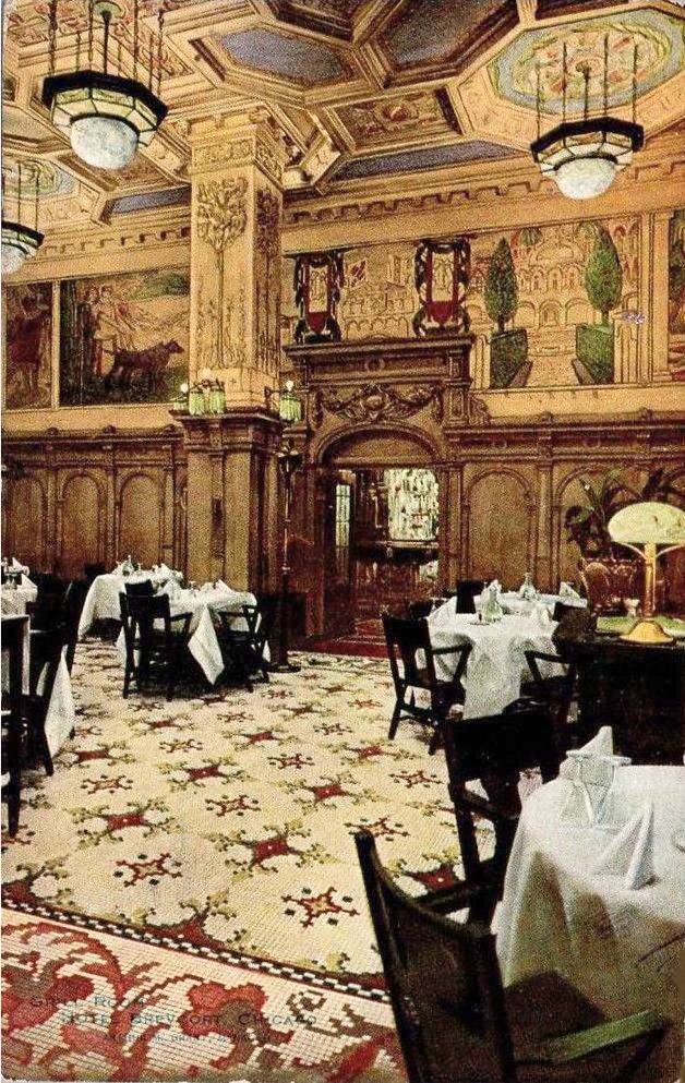 A POSTCARD - CHICAGO - HOTEL BREVOORT - 120 W MADISON - BETWEEN CLARK AND LASALLE - THE GRILL ROOM RESTAURANT - TINTED - 1912