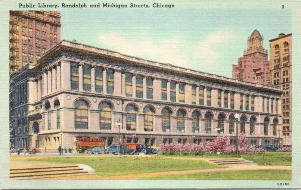 A POSTCARD - CHICAGO - PUBLIC LIBRARY - SEEN FROM GRANT PARK - INCORRECTLY LABELLED AS MICHIGAN AND RANDOLPH - SHOULD BE MICHIGAN AND WASHINGTON - TINTED - 1941