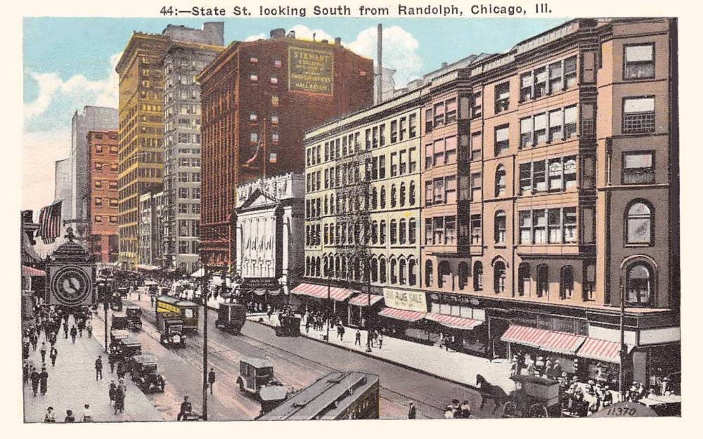 A POSTCARD - CHICAGO - STATE STREET - AERIAL LOOKING S FROM RANDOLPH - TURNING STREETCAR CARS WAGON - ROOSEVELT THEATER - TINTED - 1928
