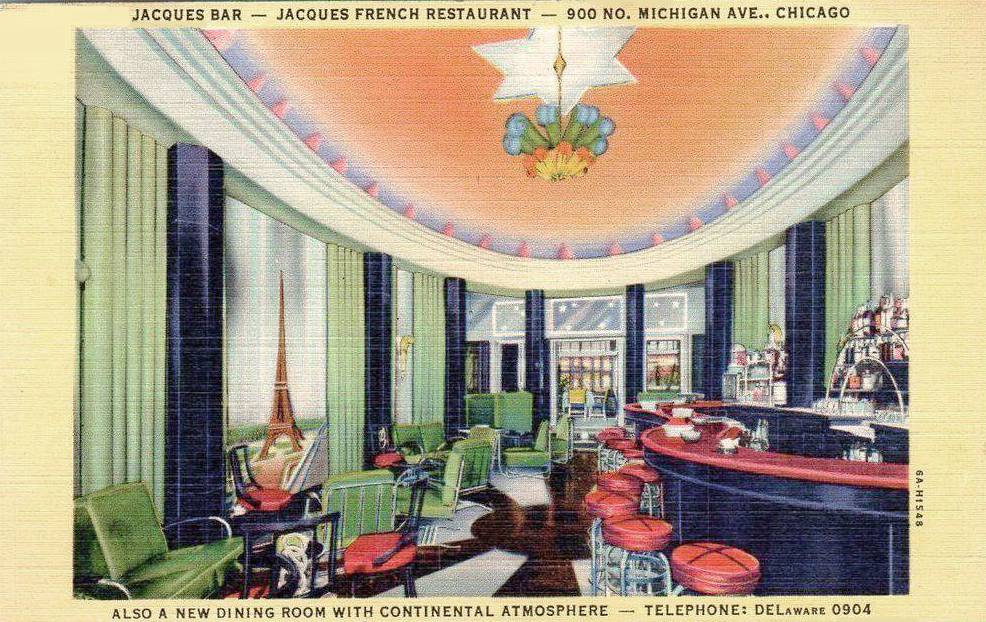 A POSTCARD - CHICAGO - JACQUES FRENCH RESTAURANT - INTERIOR JACQUES BAR - 900 N MICHIGAN - 1940s