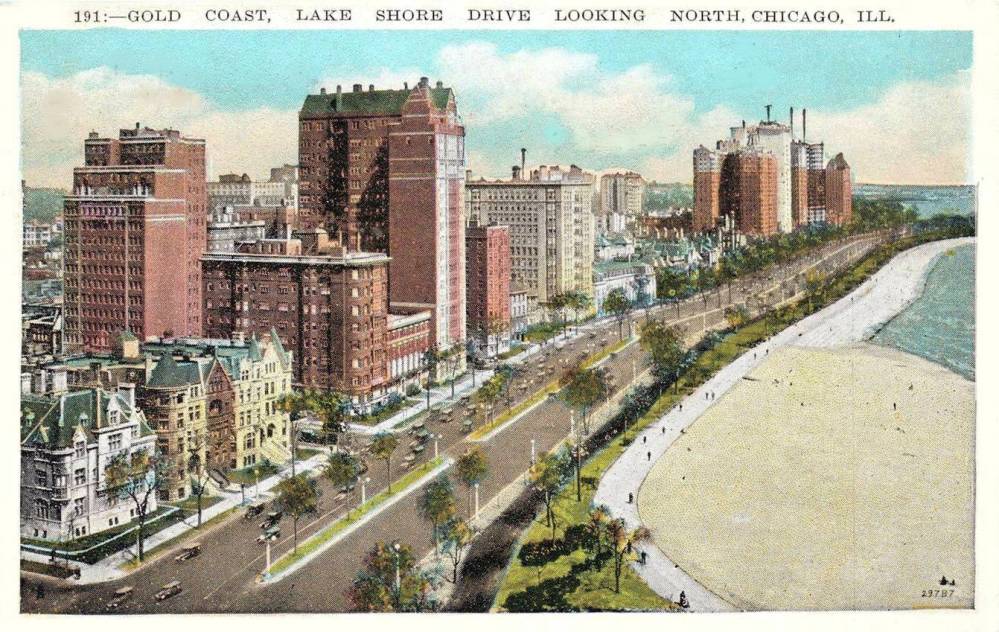 POSTCARD - CHICAGO - GOLD COAST - LAKE SHORE DRIVE - AERIAL LOOKING N - ITS MOST BEAUTIFUL PERIOD - TINTED - 1920s