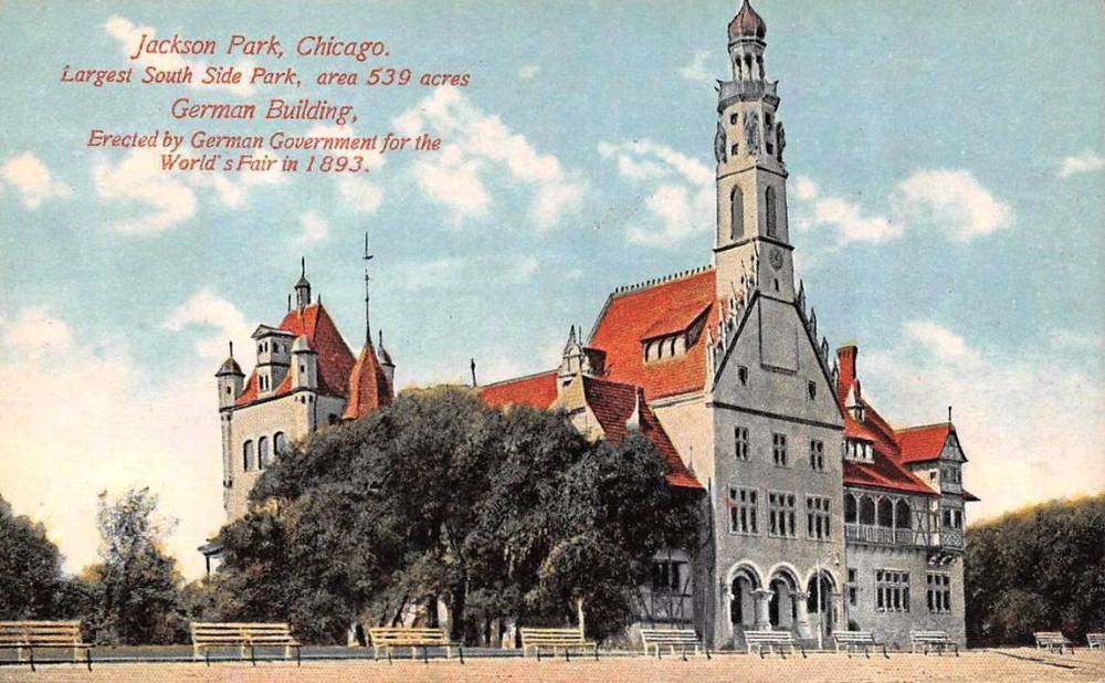 POSTCARD - CHICAGO - JACKSON PARK - GERMAN BUILDING - PARK STATS - TINTED - c1910