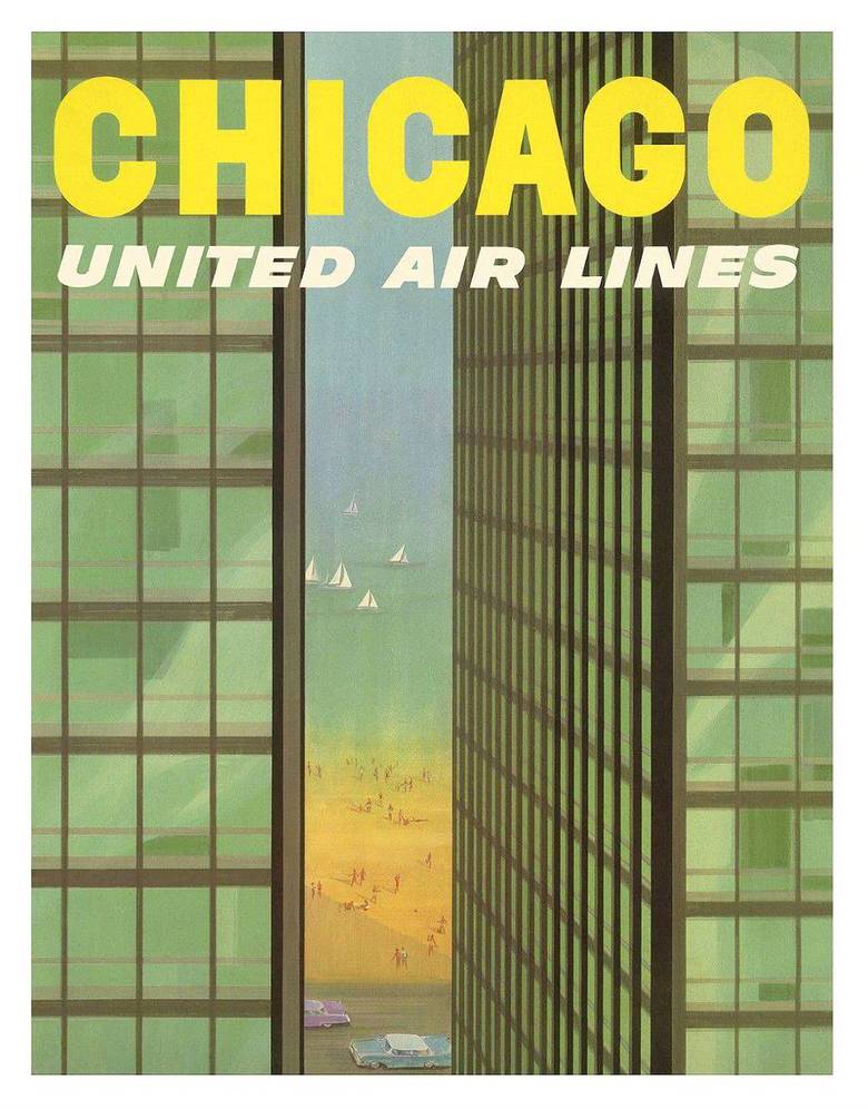 POSTER - CHICAGO - UNITED AIRLINES - BASED ON MIES VAN DER ROHE APARTMENTS AT 860-880 N LAKESHORE DRIVE - 1950s