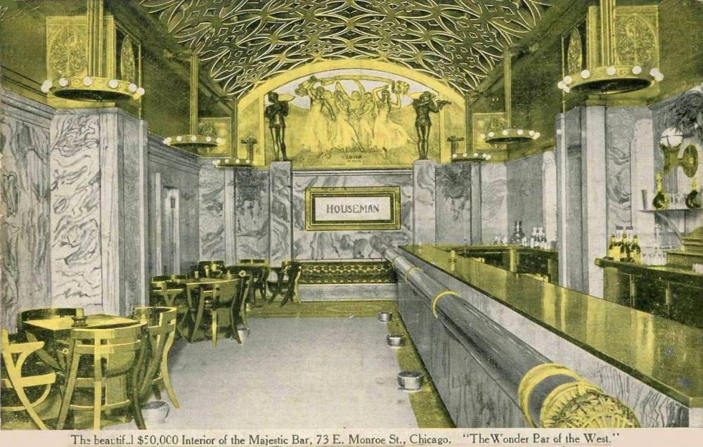 POSTCARD - CHICAGO - THE MAJESTIC BAR INTERIOR - 73 E MONROE - MAJESTIC THEATRE BUILDING - BETWEEN DEARBORN AND STATE - WONDER BAR OF THE WEST - TINTED - 1910s