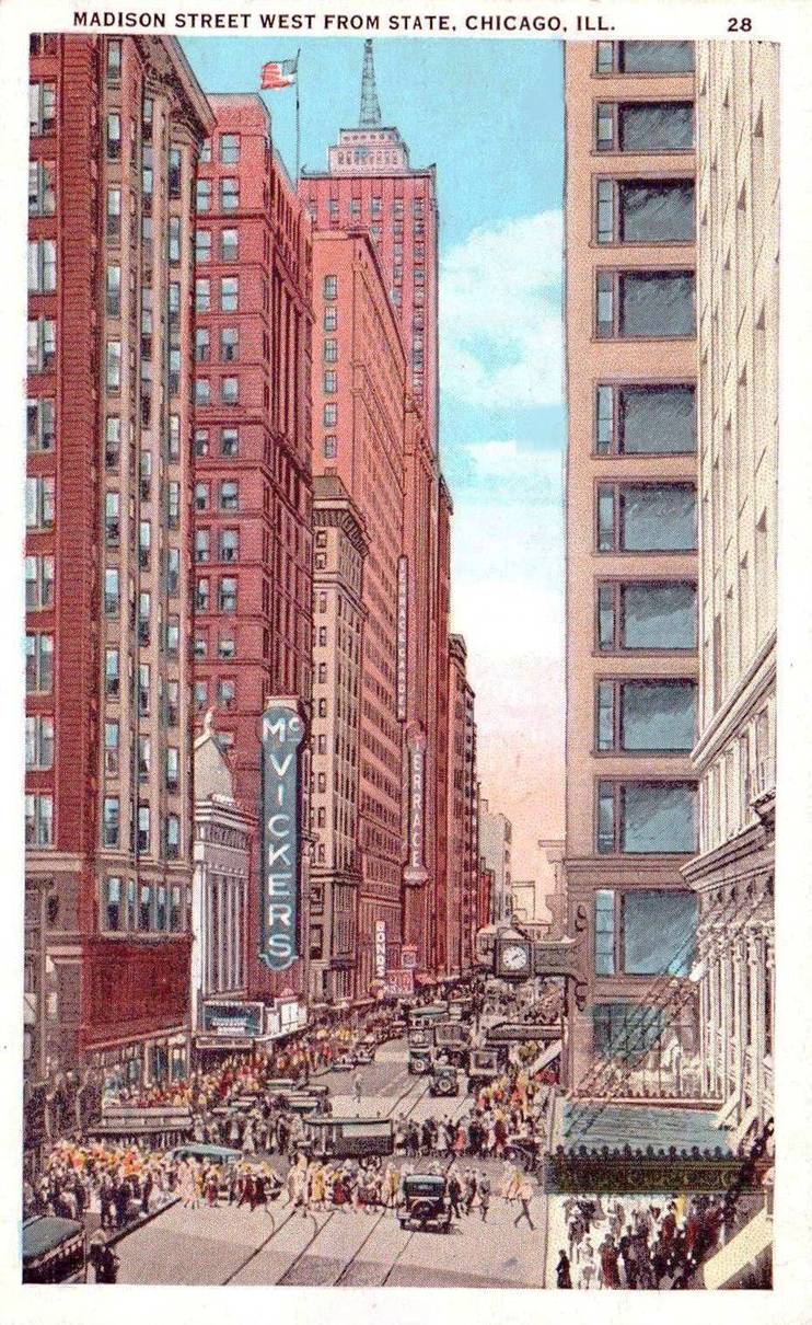 POSTCARD - CHICAGO - MADISON AND STATE - AEIAL LOOKING W - LOOKING TOWARDS MORRISON HOTEL - THEN CALLED WORLD'S TALLEST - PART OF A SERIES FOR 1933 WORLD'S FAIR - MCVICKERS THEATER - TIN