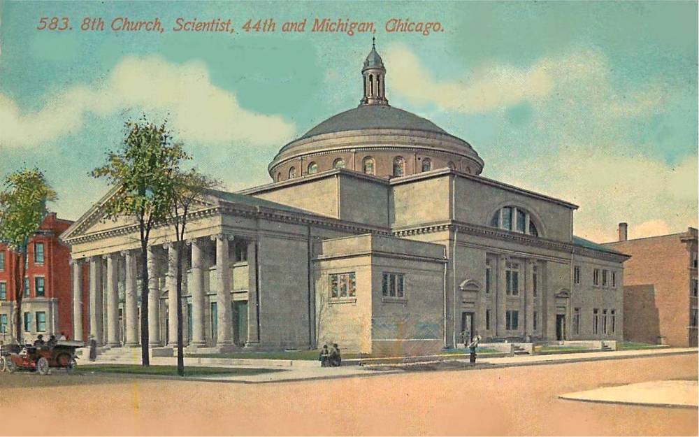 A POSTCARD - CHICAGO - 8TH CHURCH CHRISTIAN SCIENCE - 44TH AND MICHIGAN - CORNER VIEW - TINTED - 1912