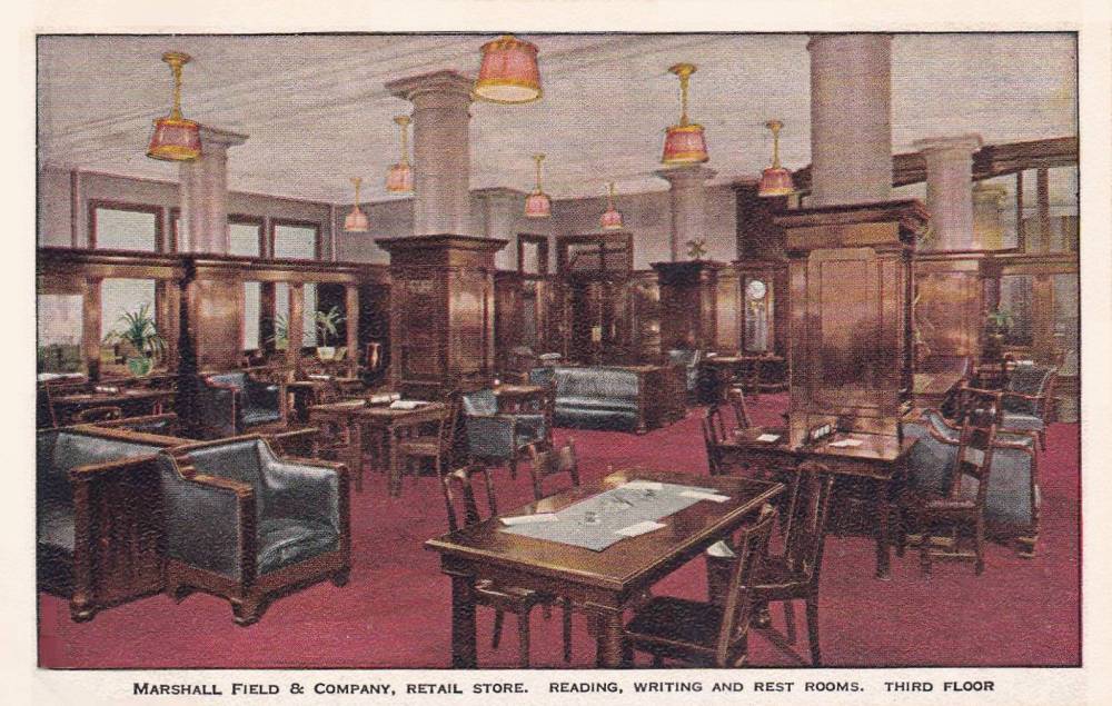 A POSTCARD - CHICAGO - MARSHALL FIELD DEPARTMENT STORE - READING WRITING AND REST ROOM - THIRD FLOOR - TINTED - DATE UNKNOWN
