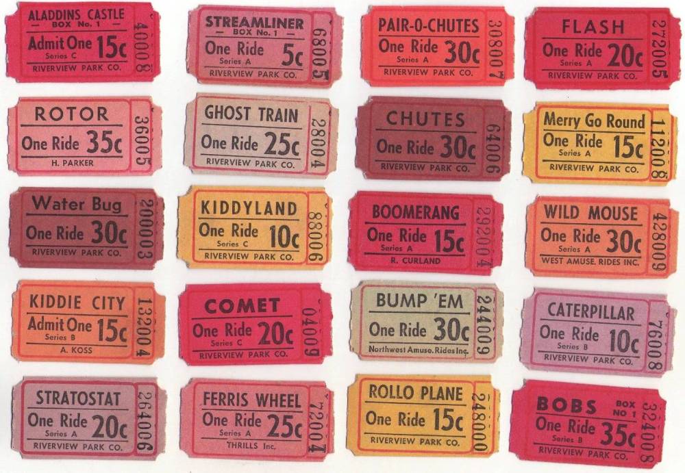 AA TICKETS - CHICAGO - SET OF RIVERVIEW AMUSEMENT PARK RIDE TICKETS - DATE UNKNOWN - PARK CLOSED 1967