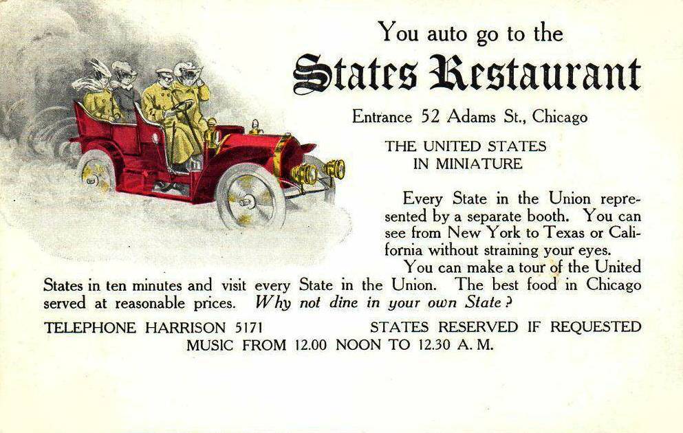 AA POSTCARD - CHICAGO - STATES RESTAURANT - 52 ADAMS - CARD TO EXPLAIN THE NAME - UNITED STATES IN MINIATURE - MUSIC - c1910