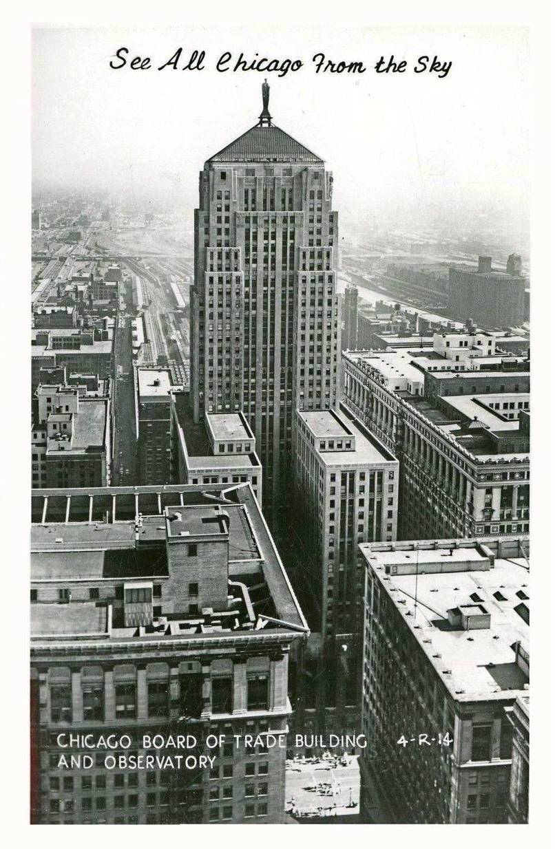 A POSTCARD - CHICAGO - BOARD OF TRADE BUILDING - AERIAL - SEE ALL OF CHICAGO FROM THE SKY - c 1940