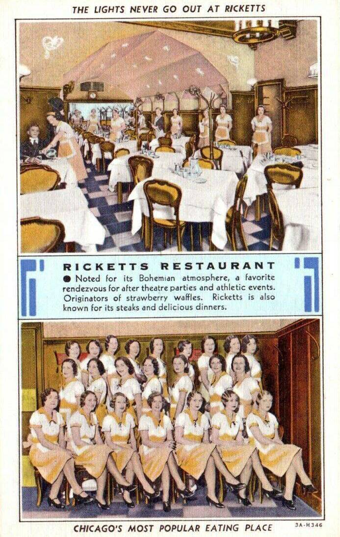 POSTCARD - CHICAGO - RICKETTS RESTAURANT - IN ITS EARLIER VERSION - NOTED FOR BOHEMIAN ATMOSPHERE - TWO IMAGES - DINING ROOM INTERIOR - CLASS PHOTO OF WAITRESSES