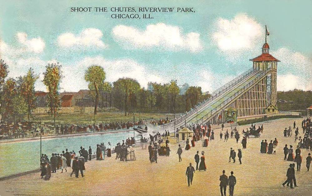 POSTCARD - CHICAGO - RIVERVIEW AMUSEMENT PARK - SHOOT-THE-CHUTES RIDE - PANORAMA - BIG CROWDS - TINTED 1907