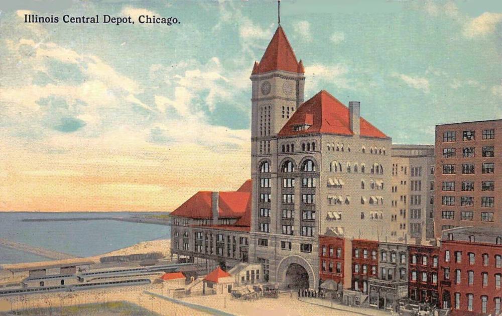 POSTCARD - CHICAGO - ILLINOIS CENTRAL DEPOT - MICHIGAN AVE AT 12TH STREET - S END OF GRANT PARK - AERIAL PANORAMA - TINTED - 1913