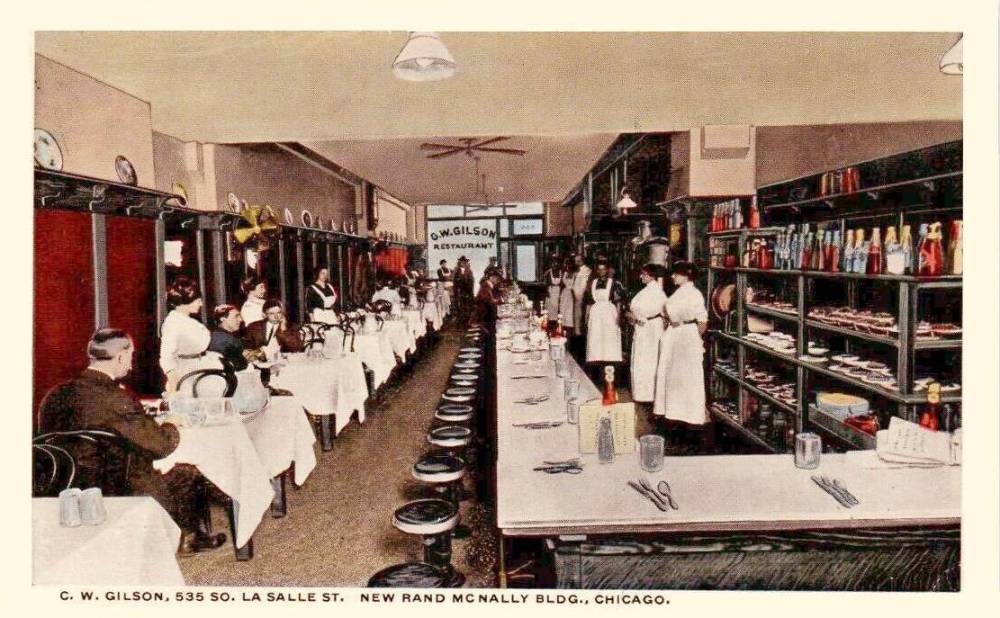 POSTCARD - CHICAGO - C W GILSON RESTAURANT - 535 S LASALLE - INTERIOR - STAFF ALL LINED UP - TINTED - 1910s