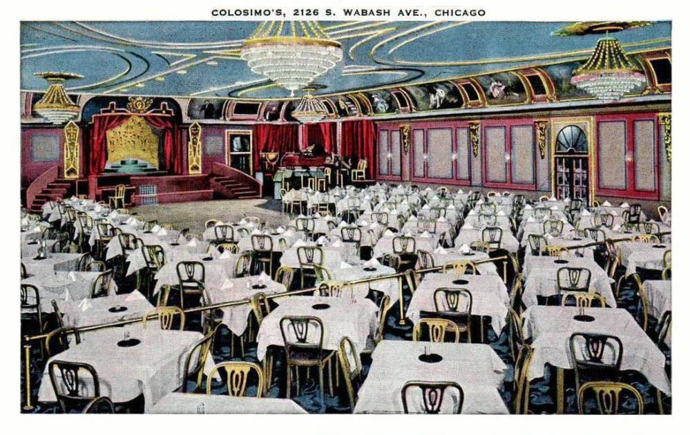 POSTCARD - CHICAGO - COLOSIMO'S RESTAURANT AND NIGHT CLUB - 2126 S WABASH - DINING ROOM AND STAGE - A LAVISH PLACE NOTED FOR MAFIA ASSOCIATIONS - SHOW WITH COLOSIMO'S CUTIES - ELEVATING DANCE FLOOR - TINTED - 1944