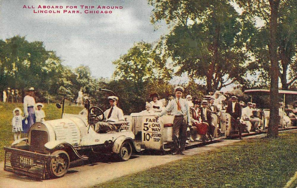 POSTCARD - CHICAGO - LINCOLN PARK - TOUR CAR-TRAIN LOADED WITH PEOPLE - BIG FARE SIGN - CARD CALLED ALL ABOARD - TINTED - 1910s