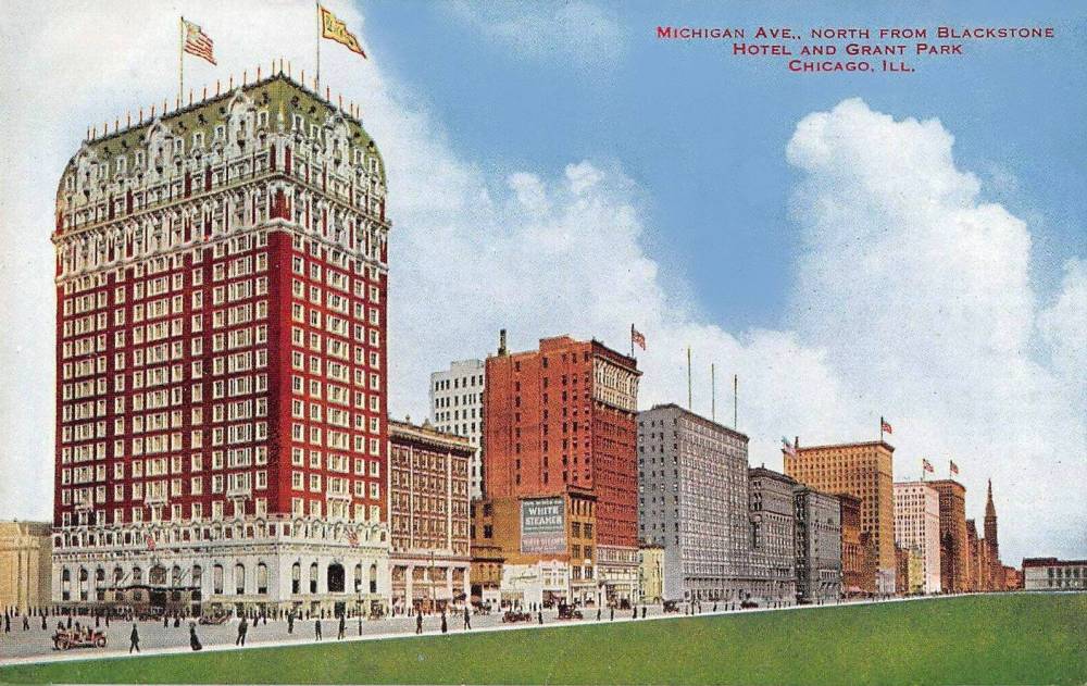 A POSTCARD - CHICAGO - MICHIGAN AVE - LOOKING N IN GRANT PARK FROM BLACKSTONE HOTEL - NOTE NO TREES ON EDGE OF PARK - DRAMATIC CLOUDS - TINTED - c1910