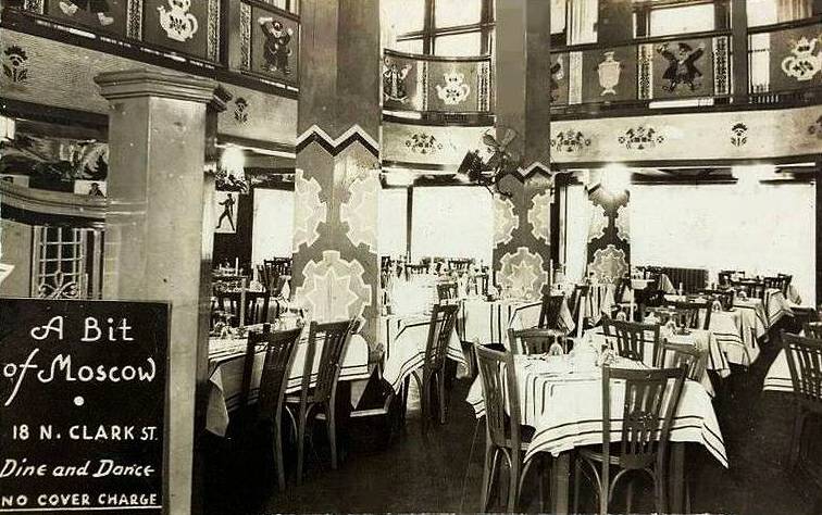 X POSTCARD - CHICAGO - A BIT OF MOSCOW RESTAURANT - 18 N CLARK - DINING ROOM INTERIOR - DINE AND DANCE NO COVER CHARGE - c1920